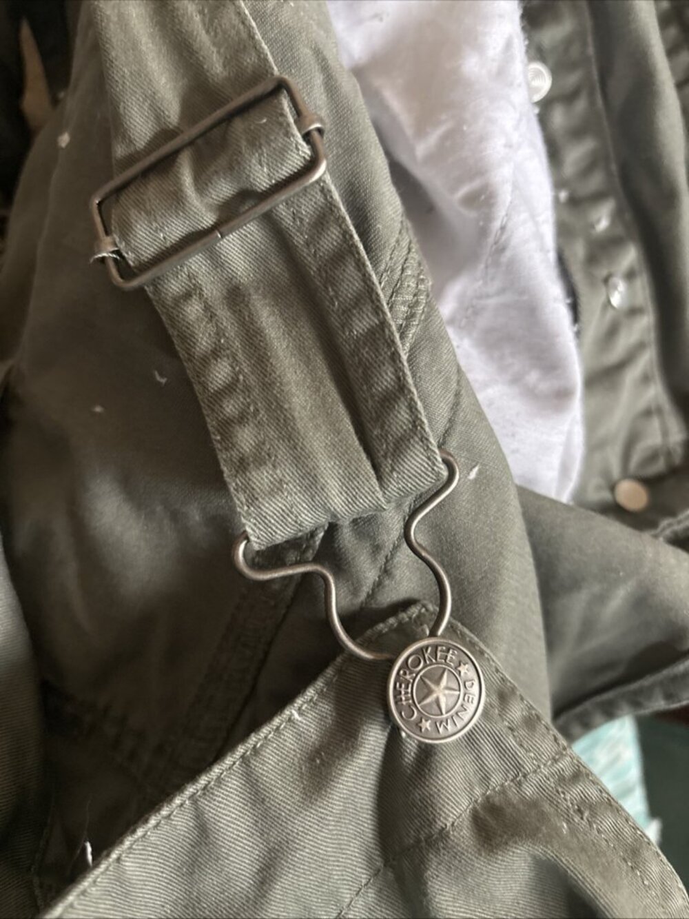 Women’s Vintage Khaki Short Bib Overalls Cherokee Size Large Vintage Cargo PKT - Picture 5 of 10